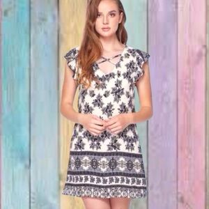 Teeze Me Off White Black Print Criss Cross Neck Lined Dress